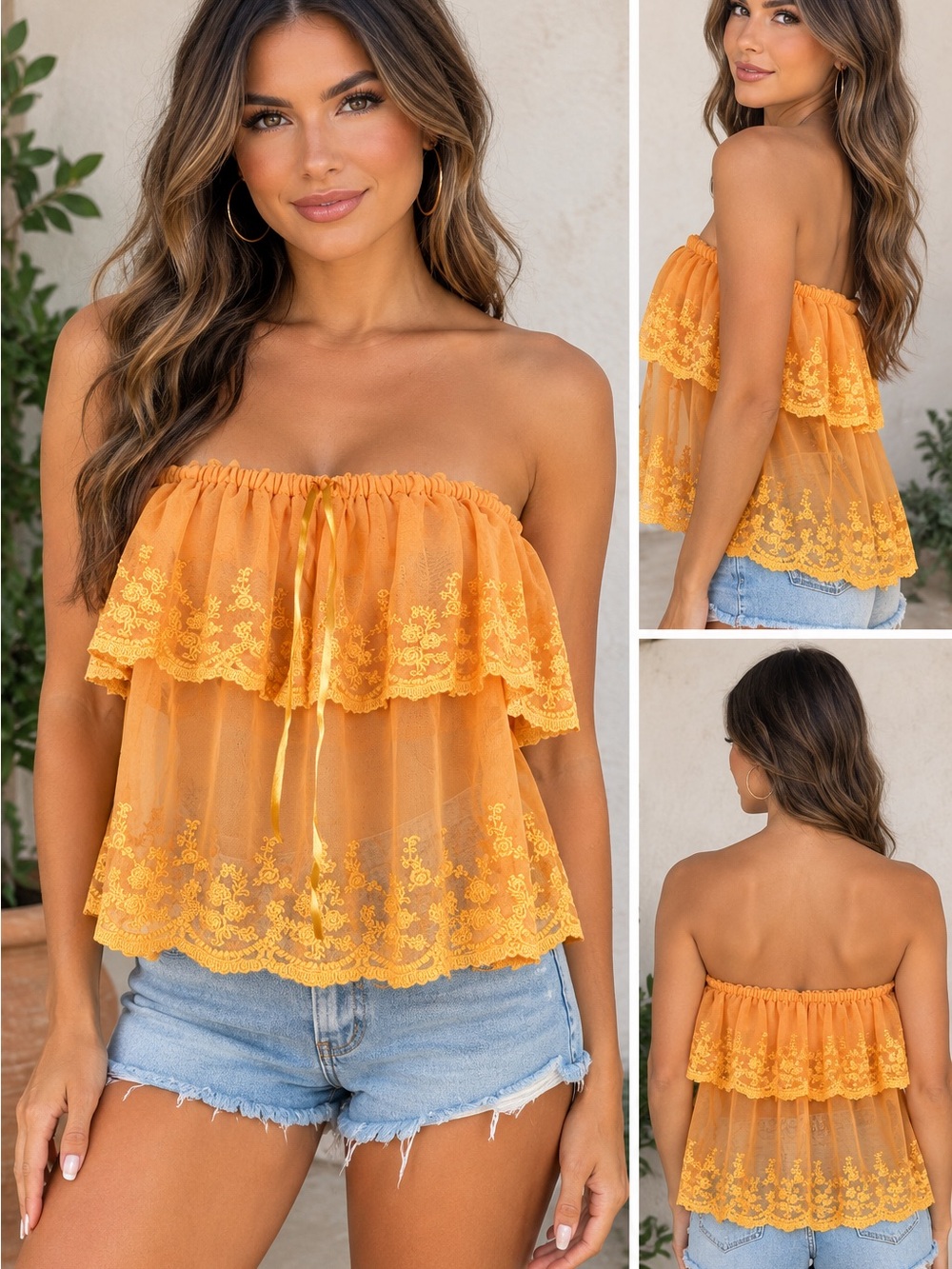 Free People Yellow Strapless Lace Ruffle Camisole